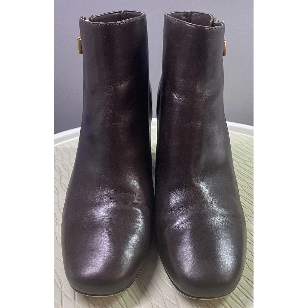 MICHAEL KORS Women Leather Deep Brown Ankle Boot 3.5 inch Heel Gold Hardware 10M